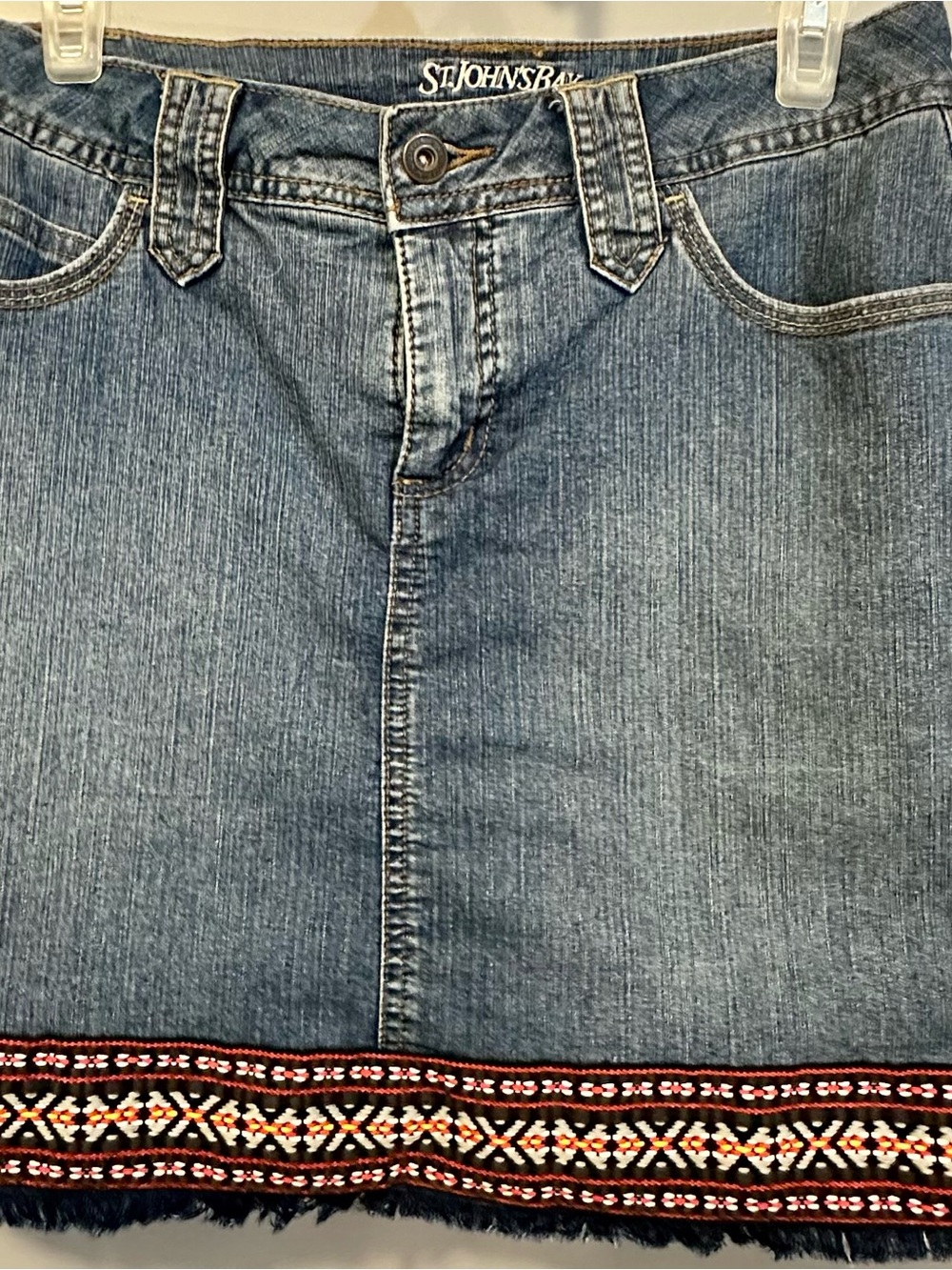 Repurposed St. John's Bay Blue Denim Skort with 2”Embroidered Hem Trim fringed